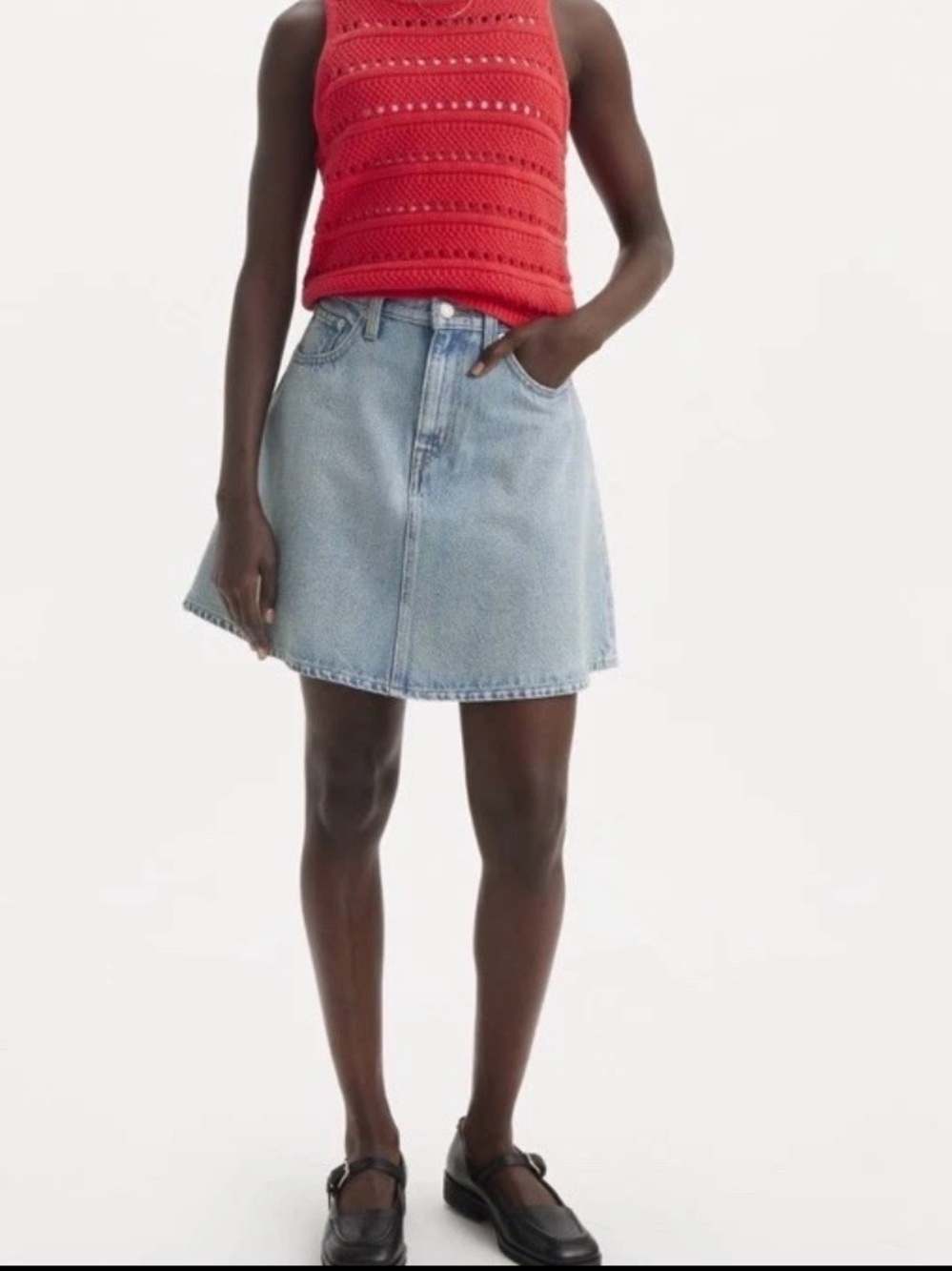 Levi's Red Knit Tank with Light Blue Denim A-Line Skirt